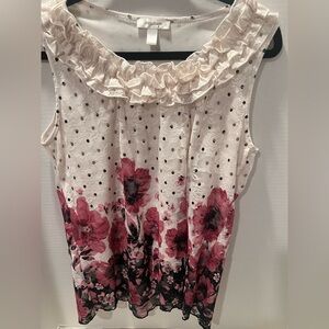 Dressbarn Cream, Pink, Maroon Floral Ruffle Lined Sleeveless Blouse/Top